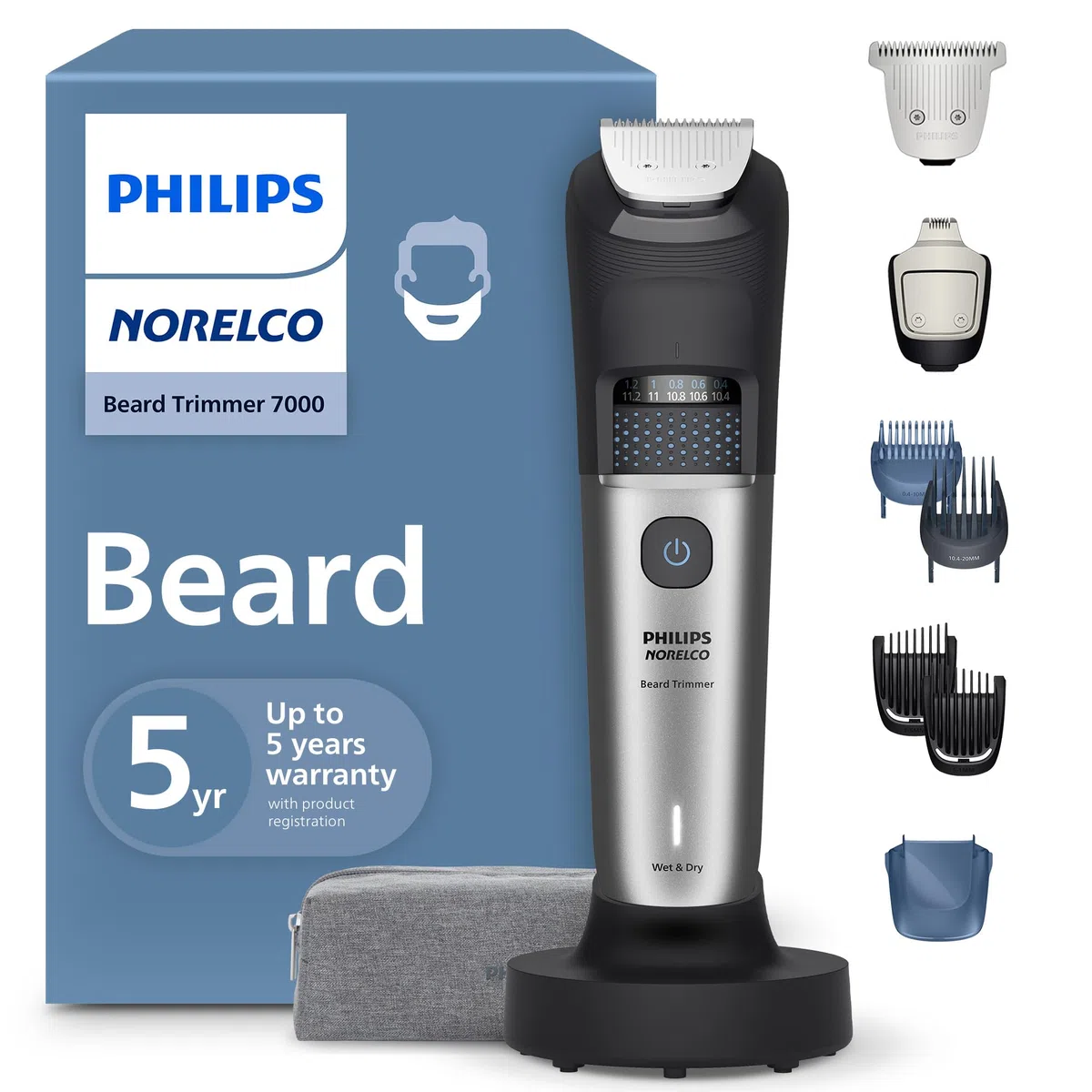 Norelco Philips BT7670/40 - Regolabarba serie 7000, 100% impermeabile, 40 impostazioni di lunghezza dei capelli, adattabilità alimentazione BeardSense, testine per rifiniture e lame a T, supporto di