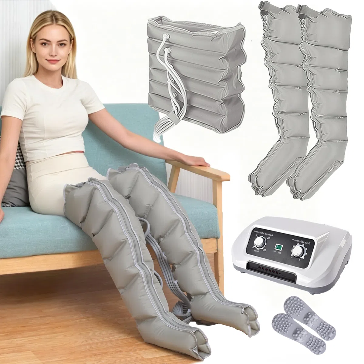Dispositivo di drenaggio linfatico dell'acqua gambe – Massaggiatore gamba a compressione con 6 camere d'aria, massaggiatore professionale per la presoterapia (grigio, XL 2 gambe + vita)