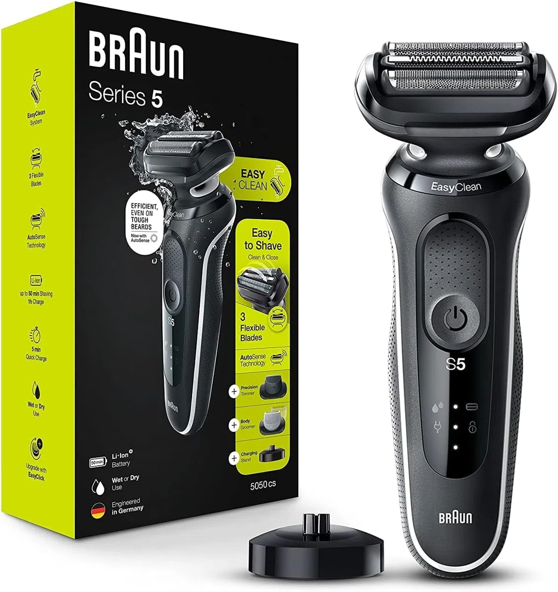 Braun Rasoio elettrico da uomo, rasoio impermeabile, serie 5 5050cs, rasatura bagnata e secca, con rasoio per barba e toelettatura, ricaricabile, supporto di ricarica incluso, blu